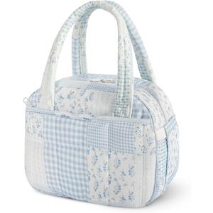 Quilted Lunch Box for Women, Lightweight Insulated Lunch Bag, Cute Patchwork Lunch Tote for Work, Gym, Picnic,Travel, Office (Green Blue Pin, M)