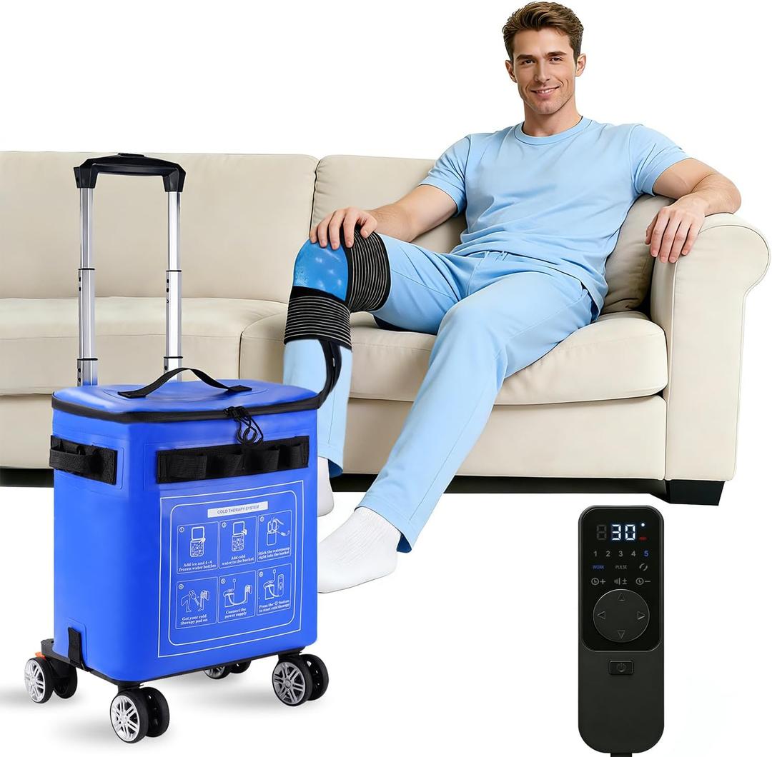 Ice Machine for Knee After Surgery, Cold Therapy Machine for Knee Replacement, Portable Ice Therapy Machine with Wheels, Handle for Pain Relief - Unisex for Men/Women (Blue)