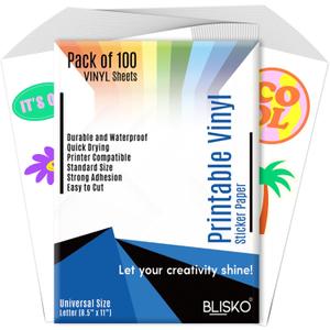Printable Vinyl Sticker Paper - 100 Sheets 8.5x11 Sticker Paper for Inkjet Printer, Quick-Drying, Waterproof, Vivid Color & Tear-Resistant, Easy to Cut, Cricut Compatible, DIY Sticker & Labels
