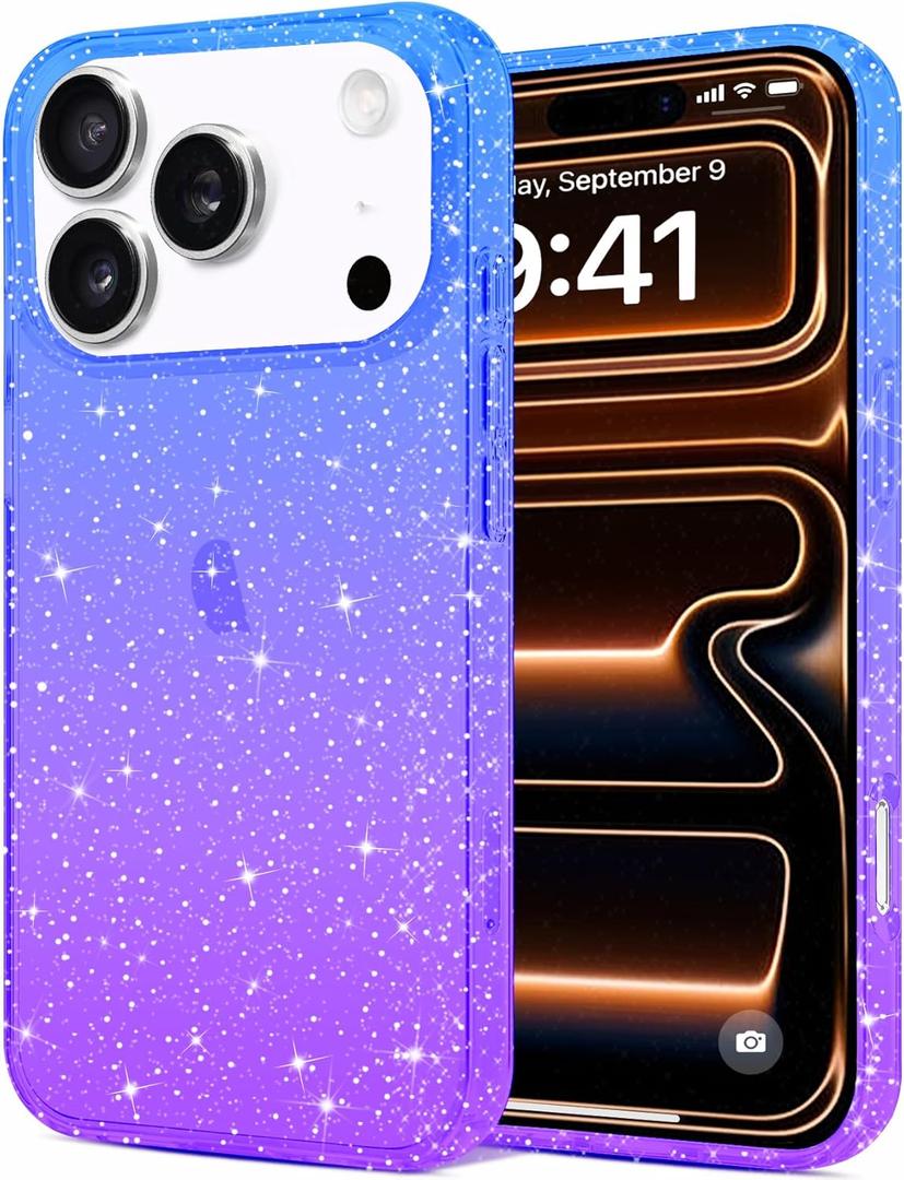 JJGoo Compatible with iPhone 17 Pro Max Case Clear Glitter, Sparkle Soft TPU Transparent Shockproof Women Girls Slim Bling Sparkly Bumper Cover Phone Cases, Gradient Blue Purple