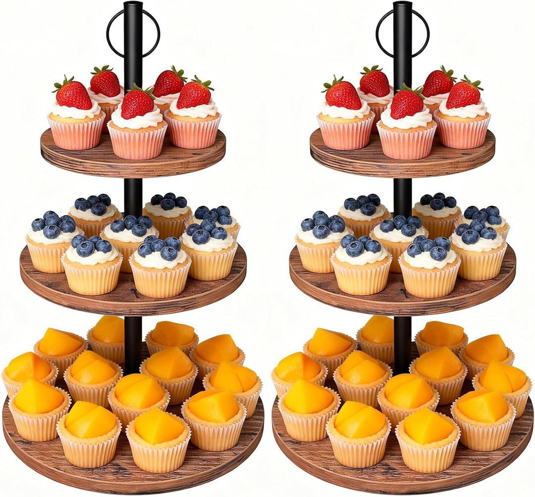 Cupcake Stand, 2 Pack Rustic Wood Cake Stand, 3 Tier Cupcake Tower Round Tiered Tray Stand for Dessert Table Display, Industrial Wooden Serving Stand Wedding, Graduation and Baby Shower