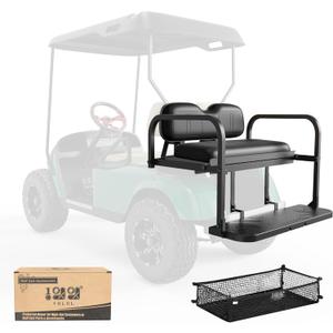 10L0L Golf Cart Rear Flip Folding Back Seat Kit for EZGO TXT Freedom 1995-Up, Deluxe Rear Seat Assembly Roof Support with Cargo Net Leather Cushion and Back Cushion Set (Black)