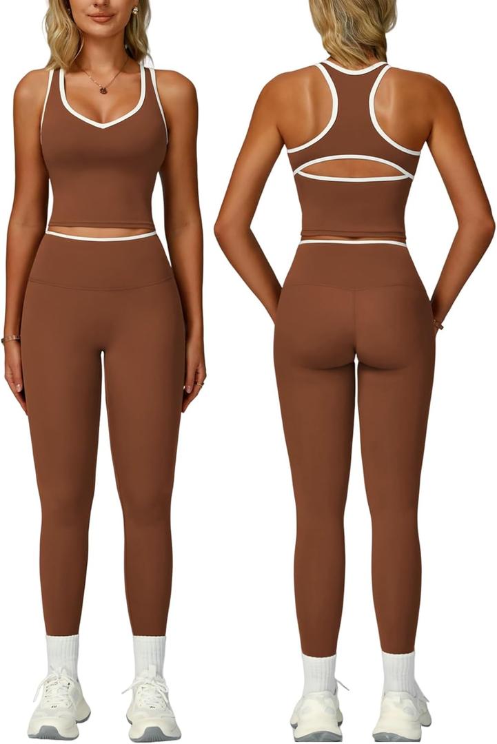 Women 2 Piece Workout Sets Racerback Color Block Tank Tops High Waist Tummy Control Active Leggings Yoga Outfits (Small, Brown)