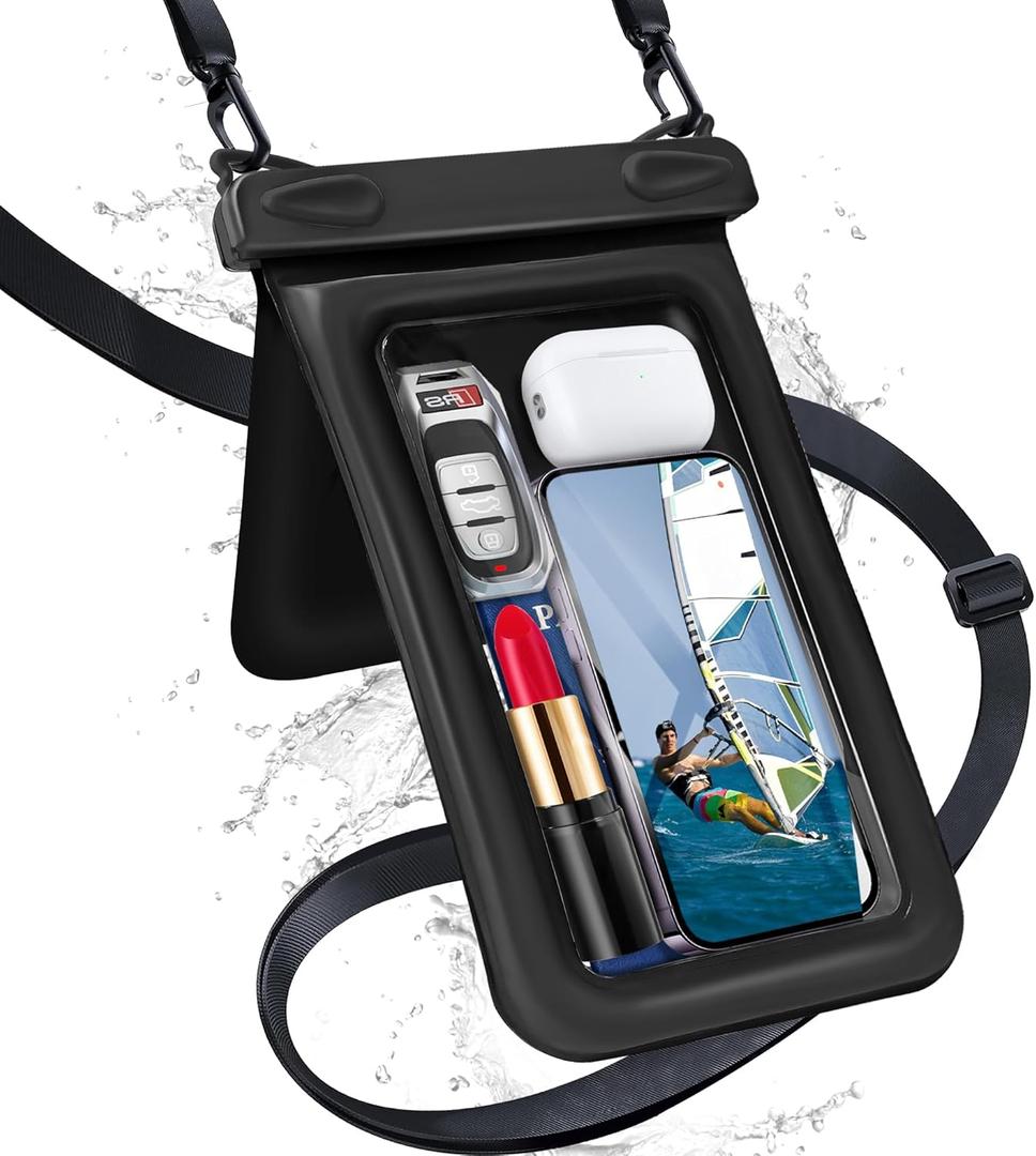 Waterproof Phone Pouch Double Pocket, Floating IPX8 8.5 inch Waterproof Phone Case for Beach Vacation Essentials for Compatible IPhone 16 15 14 Pro Max Galaxy S25 S24 Waterproof Dry Bag Black