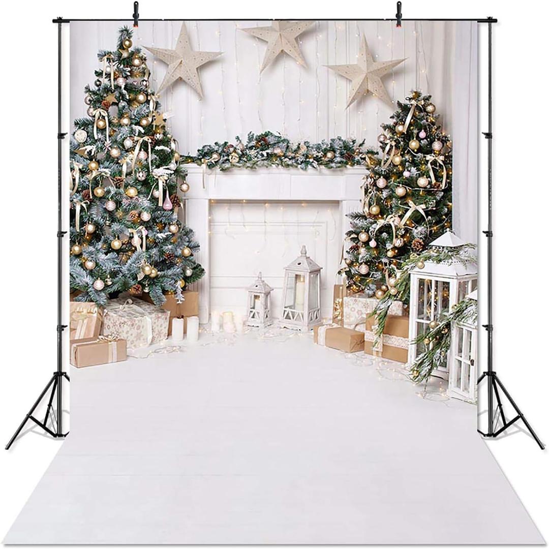 Avezano Christmas Photography Backdrop for Children Kids Portrait Phootshoot Indoor White Fireplace Wood Floor Xmas Background for Photo Studio Props (6x8ft)