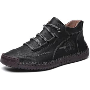 Mens Hand Stitching Leather Lace Up Ankle Boots Casual Vintage Non Slip Flats Arch Support Loafers for Hiking Walking Driving Chukka Boots (10, Black)