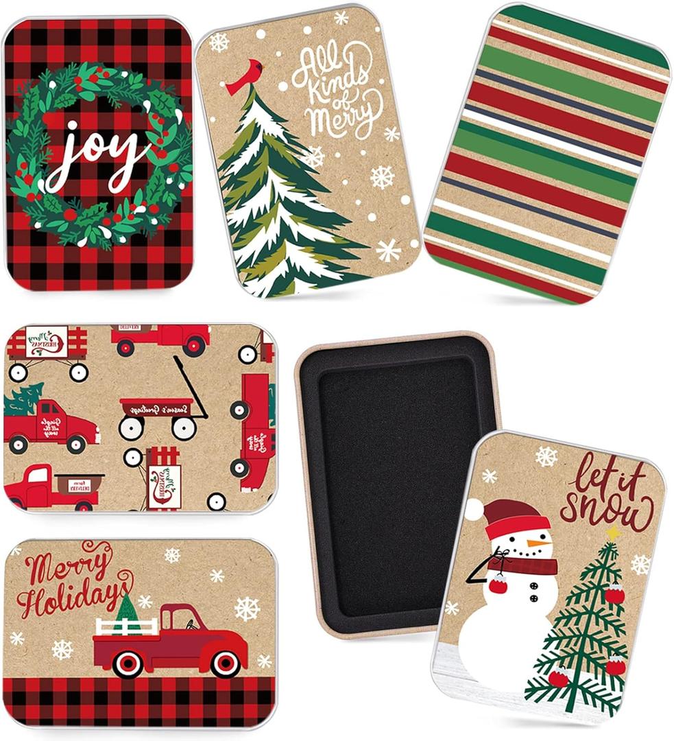Whaline 12Pcs Christmas Tin Gift Card Holder Boxes 6 Design Metal Box with Lids Rustic Xmas Tree Snowman Tin Box Container for Christmas Stocking Stuffer Cards Crafts Party Favors