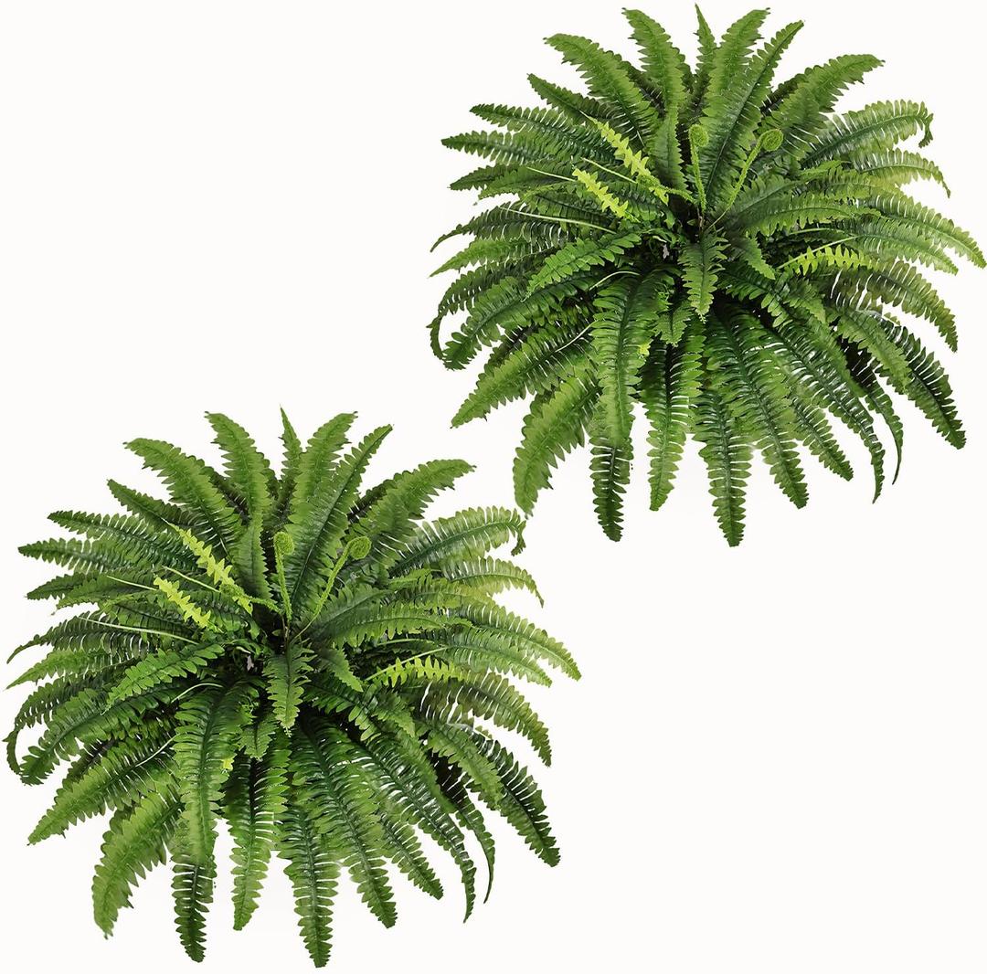Fake Ferns - 2 Packs Artificial Ferns for Outdoors & Indoors, 45in Large Boston Fern with 55 Fronds, Realistc Faux Greenery Plants Ideal for Porch Entrance Hall Planters Windowsills Office Home Decor