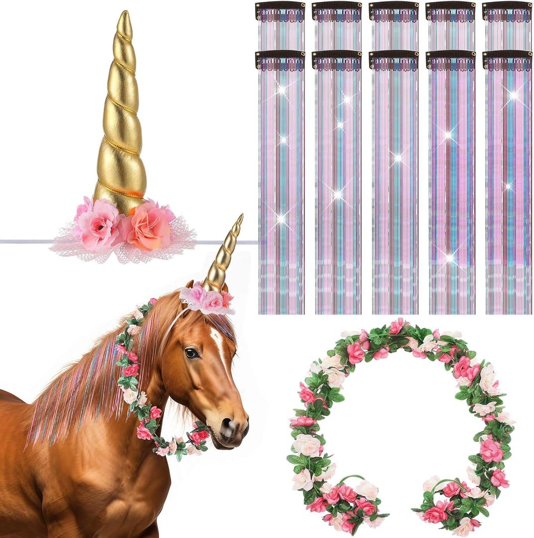 XunYee 12 Pcs Horse Costume Bling Accessory Floral Spiral Horn 10 Mane and Tail Clip in Hair Extensions Bling Pony Tinsel Rose Flower Vine for Real Horse Birthday Party Decor (Golden)