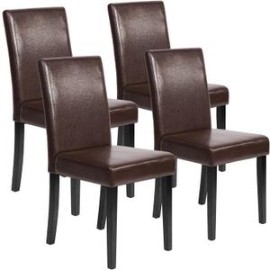 FDW Dining Chairs Set of 4,Dining Room Chairs,Side PU Cushion Chairs with Waterproof Surface and Wood Legs,for Kitchen Restaurant and Living Room,Leather Brown