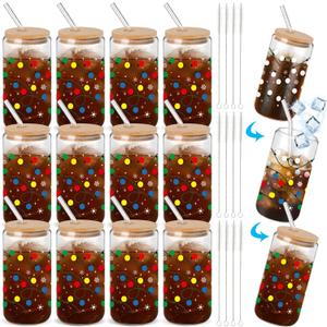 Yetene 12 Pack Winter Glass Cups Gifts 16 oz Color Changing Winter Glass Tumblers with Lids Straws Brushes Snowflake Lights Iced Coffee Cups for Women Men Employee Coworkers Holiday Party Favors