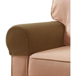 SUBRTEX Stretch Couch Arm Covers Set of 2, Checkered Sofa Arm Slipcovers, Anti-Slip Armrest Covers for Recliner and Armchairs, Pet Proof, High Stretchy, Hook & Loop Tape, Coffee