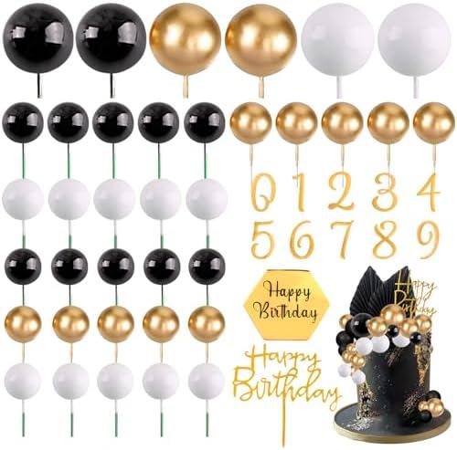 MEMOVAN Man Cake Topper 48PCS Balls Cake Toppers with Black Gold White Ball Happy Birthday and Numbers 0-9 Cake Insert Topper Black Gold Cake Decoration for Man Boy Black Theme Baby Shower Bday