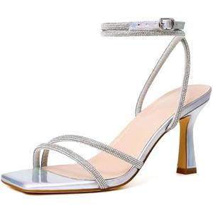 Mostrin Strappy Kitten Heels for Women Square Open Toe Heels Ankle Strap Lace Up Heeled Sandals for Party, Prom, 9.5