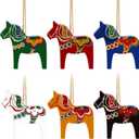 Dala Horse Swedish Christmas Decorations 6 PCS Double-Sided Wooden Dala Horse Ornament for Home Christmas Tree,Table,Wall, Party Gift
