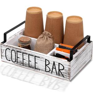 LYJWOO6D Coffee Station Organizer Pod Holder Wooden Bar Accessories for Countertop,Farmhouse with Handle,Coffee Decor Rustic White