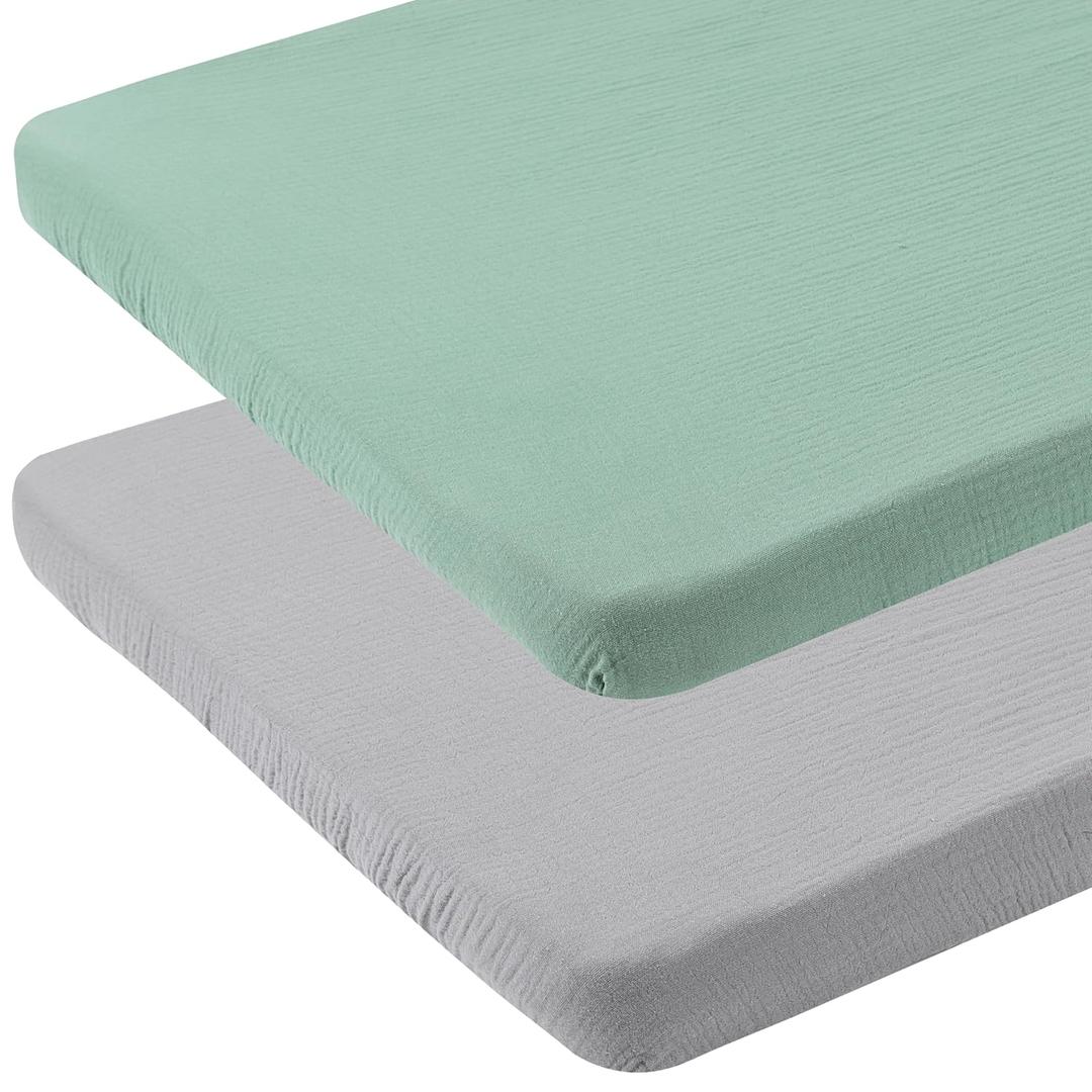 Onacosht Muslin Bassinet Sheets 33" x 19" Compatible with Mika Micky, KoolaBaby (3 in 1), BabyBond, HARPPA and RICUTON Bedside Bassinet, 2 Pack for Baby Boy and Girl, Grey and Green