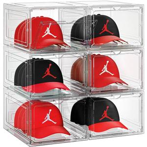 6 Pack Hat Organizer Box, Stackable Clear Baseball Caps Holder Box Containers with Magnetic Door for Hats Snapback Cap Storag, Hat Rack Display Case, Holds 8 Hats Each (Clear)