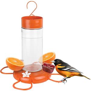Nature's Way Hanging Glass Oriole Feeder for Outdoor Dcor, 30 Ounce Capacity Nectar Feeder, Jelly Dishes, Orange Fruit Holders, 4 Eash to Clean Flexible Ports, Ant Moat, Bee Guards, Orange