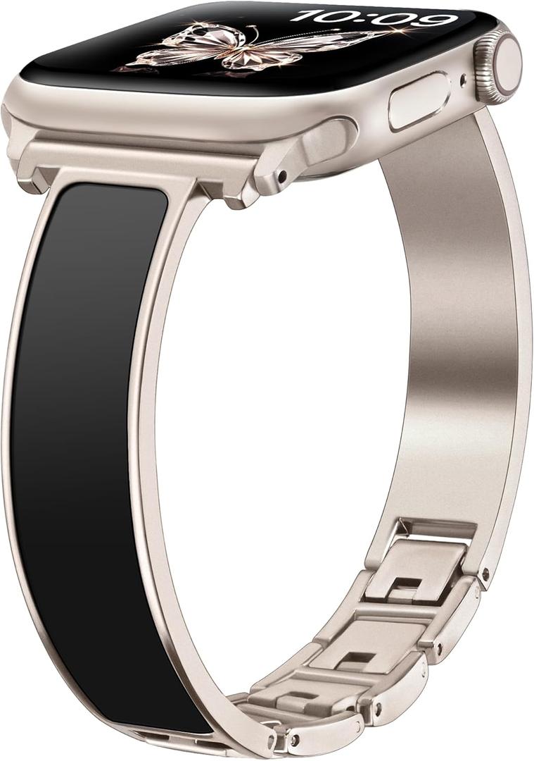 Slim Metal Band for Apple Watch Bands for Women 46mm 45mm 44mm 42mm 41mm 40mm 49 38mm iWatch Bands Bracelet, Thin Dressy Fancy Strap for Apple Watch Band Series 11 10 9 8 SE 7 6 5 4 3 Ultra (Starlight+Black)