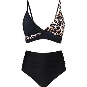Women's High Waisted Bikini Sets Push Up Twist Front Spaghetti Straps Ruched Two Piece Swimsuit Bathing Suit (Medium, Leopard Black)