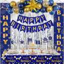 Blue and Gold Birthday Decorations for Men Boys Women Girls, Happy Birthday Decorations Gold and Blue Party Decoration, Happy Birthday Banner Balloons Tablecover Fringe Curtain, Mens Boy Bday Decor