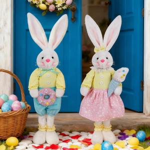 Glintoper 2 Pack Easter Decorations Standing Bunny with Stretchable Legs, 21" to 26" White Rabbits Couple Figurine, Party Favor Photo Props Gifts for Office Kitchen Farmhouse Front Door Spring Home (Pastel)