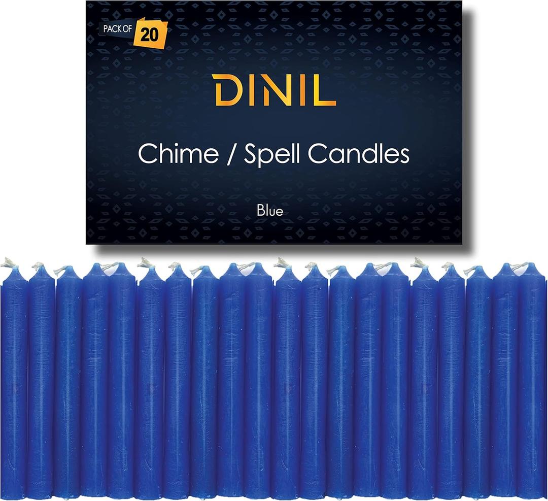 Dinil Set of 20 Blue Spell & Chime Candles Premium Mini Taper Candles for Rituals, Prayer, Birthdays, Meditation, Altar, Spells, Chime Candles - 4 Inch Tall, Unscented (Blue)