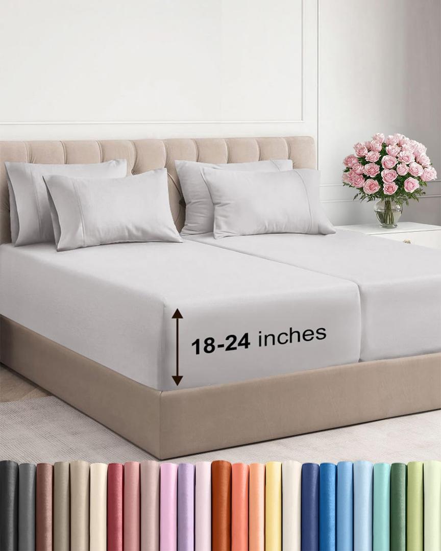 Extra Deep Split King Sheet Set - 7 Piece Breathable and Cooling Sheets - Hotel Luxury Bedding for Women, Men, Kids & Teens - Easy Secure Fit - Soft & Wrinkle Free - Extra Deep Pockets - French Grey