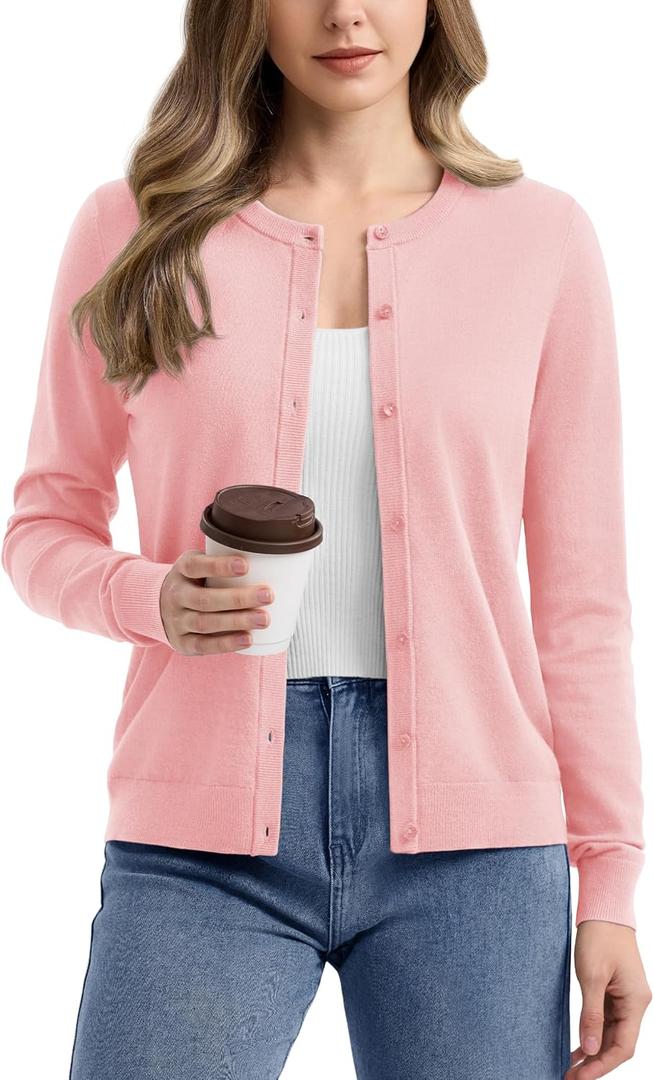 YUCOLEN Women's Cardigans Sweater Lightweight Button Down Crew Neck Long Sleeve Soft Knit Casual Cardigan (Pink, XXL)