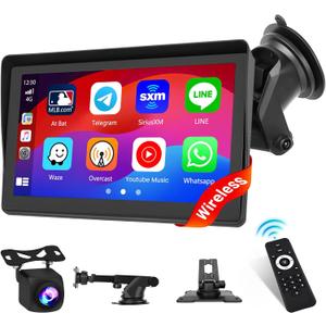 Hikity Wireless Carplay Android Auto Portable Car Stereo 7 Inch Touchscreen Car Screen with Airplay, Voice Control, Bluetooth, FM, USB/TF/Av Input, Dash and Windshield Mount, Backup Camera