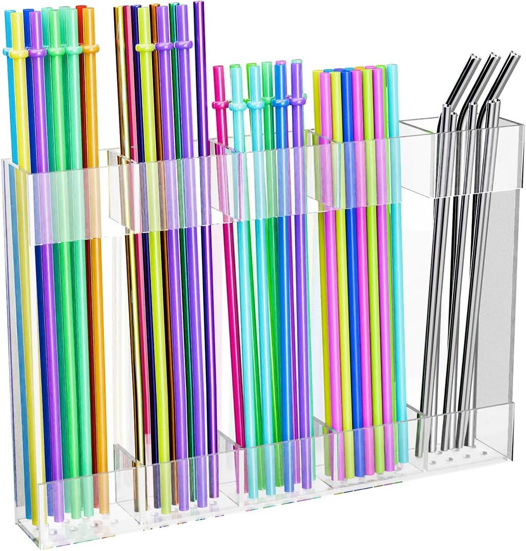 3 x Straw Holder for Cabinet Door, Acrylic Tumbler Straw Organizer Dispenser with Drainage Holes, Large Storage Container Accessories with Adhesive for Counter Cupboard Door Mounted, Clear