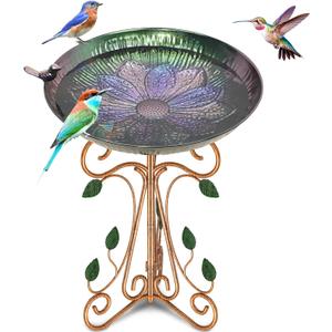 Vintage Metal Bird Bath for Outside, 13" Dia Birdbaths Bowl with Cast Iron Pedestal, Large Antique Bird Feeder with Folding Bracket for Outdoors Garden Patio Yard Decor (Purple Lotus)