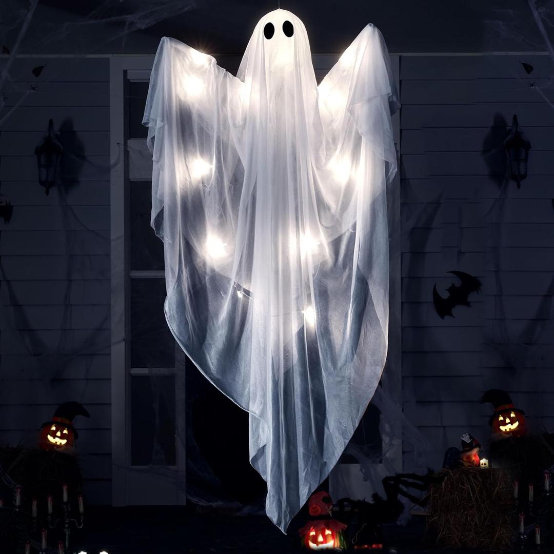 JOYIN Halloween Hanging Light up Ghost with Spooky White LED Light, 47” Halloween Hanging Ghost Decoration for Front Yard Patio Lawn Garden Party Decor Indoor Outdoor