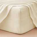 MooMee Fitted Bottom Sheet Only 100% Washed Cotton Linen Like Textured Breathable Durable Soft Comfy Deep Pocket Fits Mattress up to 17" (Cream White, King