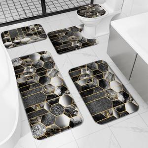 Bathroom Rug Set 5 Piece - Black Bathroom Rug Set, Memory Foam Bath Mat, Non Slip Extra Soft Absorbent Washable for Bedroom, Kitchen, Dining Room and Living Room