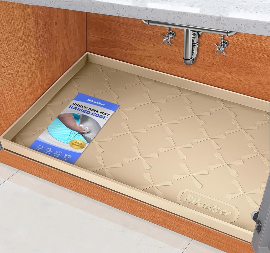 SIKADEER 28" x 22" Under Sink Mat Waterproof, Silicone Mat Kitchen Drawer Shelf and Cabinet Liner, Sink Protector for Kitchen Organizers and Storage, Boot Tray Pet Food Mats (Beige)