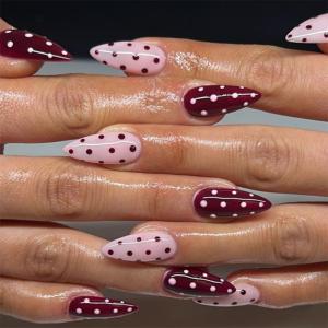 Light Pink & Burgundy Color Block Press on Nails - Polka Dot