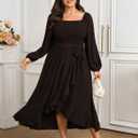 SCOMCHIC Women Plus Size Cocktail Dress Formal Long Sleeve Wedding Guest Smocked High Low Ruffle Dress with Belted (XXXL)