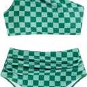 SOLY HUX Women's Plaid Bathing Suit Checkered Print One Shoulder Ruched High Waisted Bikini Set Two Piece Swimsuit (Large)