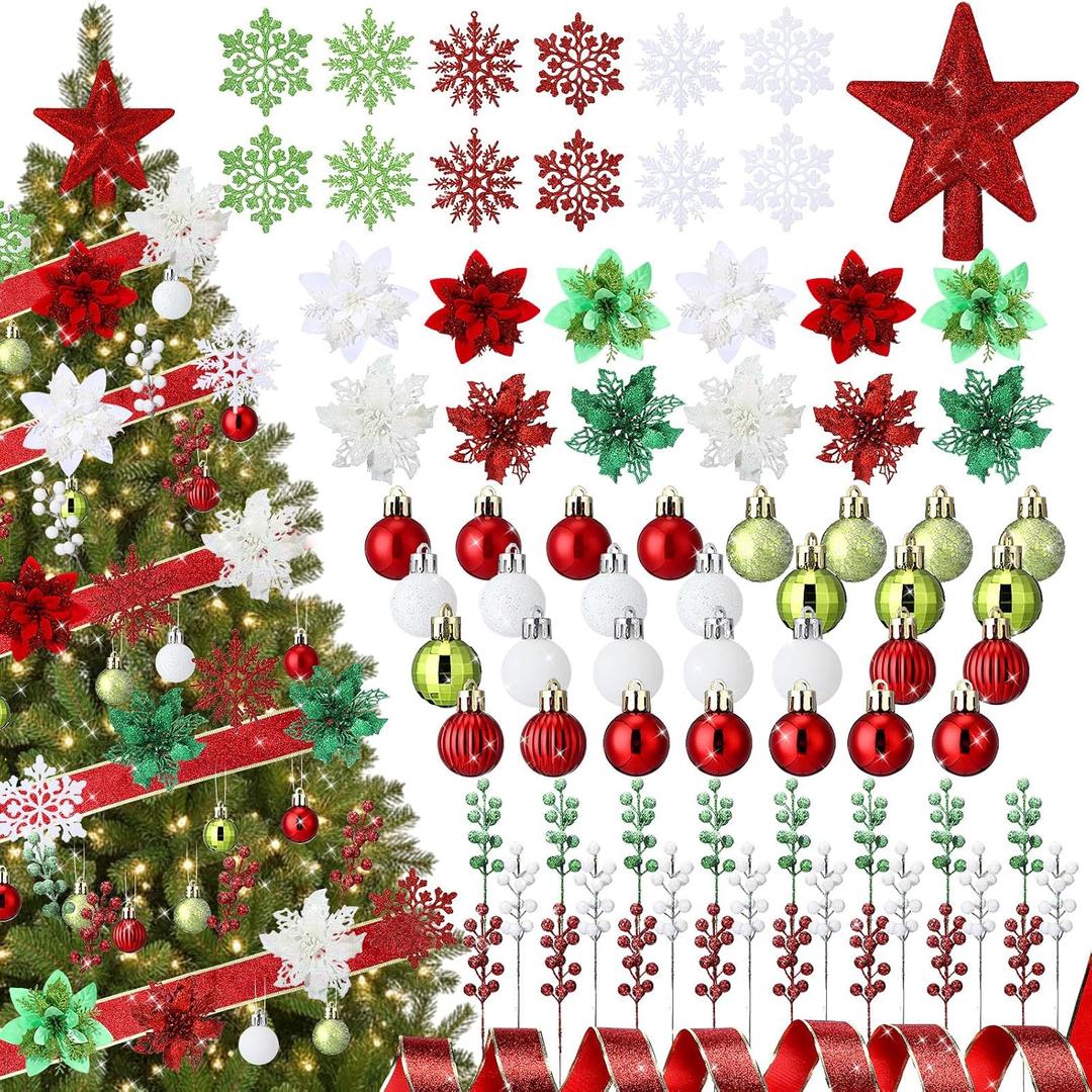Realspring 91 Pcs Christmas Tree Ornaments Set, Hanging Christmas Balls Poinsettia Flowers Snowflakes Berries Star Topper Pine Needles with Ribbons for Holiday Xmas Home Decoration(Red, Green, White)