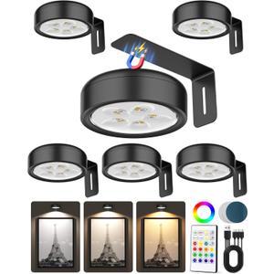 Picture Lights for Wall,Wireless 2000mAh Rechargeable Magnetic LED Puck Lights with Remote,3 Color Temps and 12 RGB,Dimming & Timer,Art Frame Light for Painting Display,Photos,Wall Decor(6 Pack)
