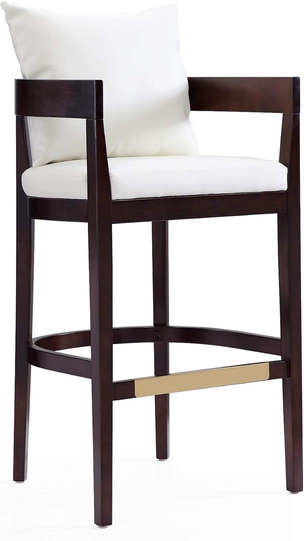 Manhattan Comfort Ritz Faux Leather Barstool with Loose Pillow Backrest, Beech Wood Legs, Gold Metal Footrest, Mid Century Modern Design, Fully Assembled Bar Stool, 30.5" Seat Height,  Ivory