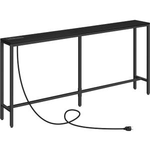 63" Console Table with Power Outlet, Narrow Sofa Industrial Entryway Behind Couch Table with USB Ports for Entryway, Hallway, Foyer, Living Room, Bedroom, Black CTHB16E01