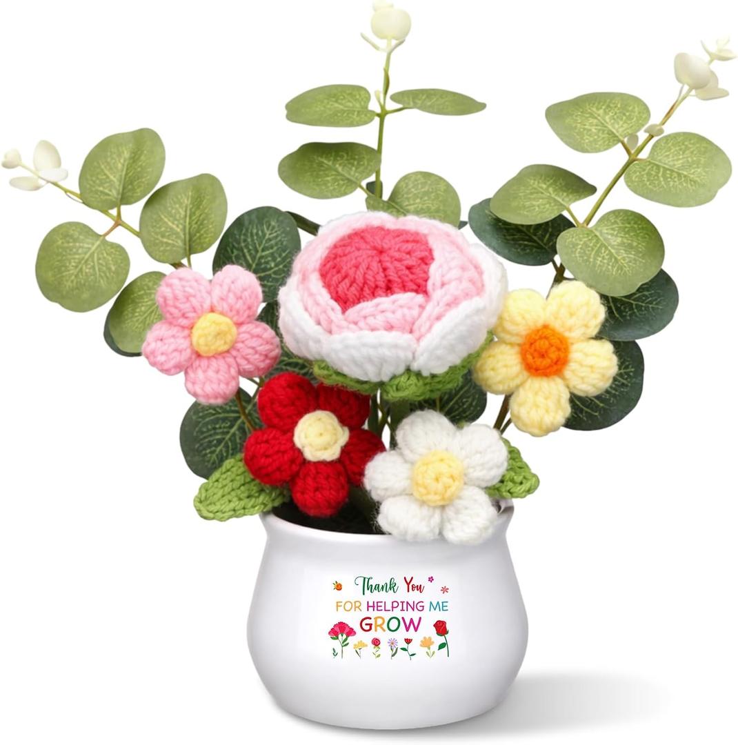 Suncalla Teacher Appreciation Gift Thank You for Helping Me Grow Presents Positive Handmade Crochet Pot for Teacher Boss Lady 2026 Graduation Retirement Gift(Roses)