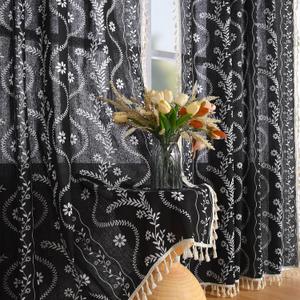 Boho Curtains for Living Room 63 Inches Long Semi Sheer Linen Floral Curtains Vintage Farmhouse Window Curtain 2 Panel Sets for Dining Room Kitchen Black
