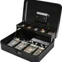Jssmst Locking Large Metal Cash Box with Money Tray, Money Box with Combination Lock, Black