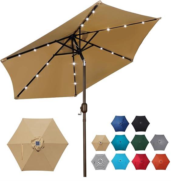 Blissun 7.5 ft Solar Umbrella, 18 LED Lighted Patio Umbrella, Table Market Umbrella, Color: Tan