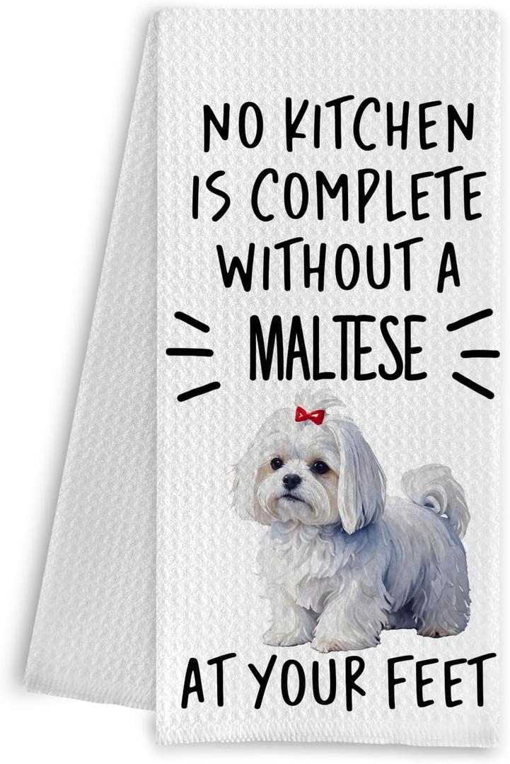 Maltese Dog Dish Tea Towels, 16x24 Inch, 100% Cotton Waffle Weave, Absorbent & Fast Drying, Perfect for Kitchen Decor & Gifts