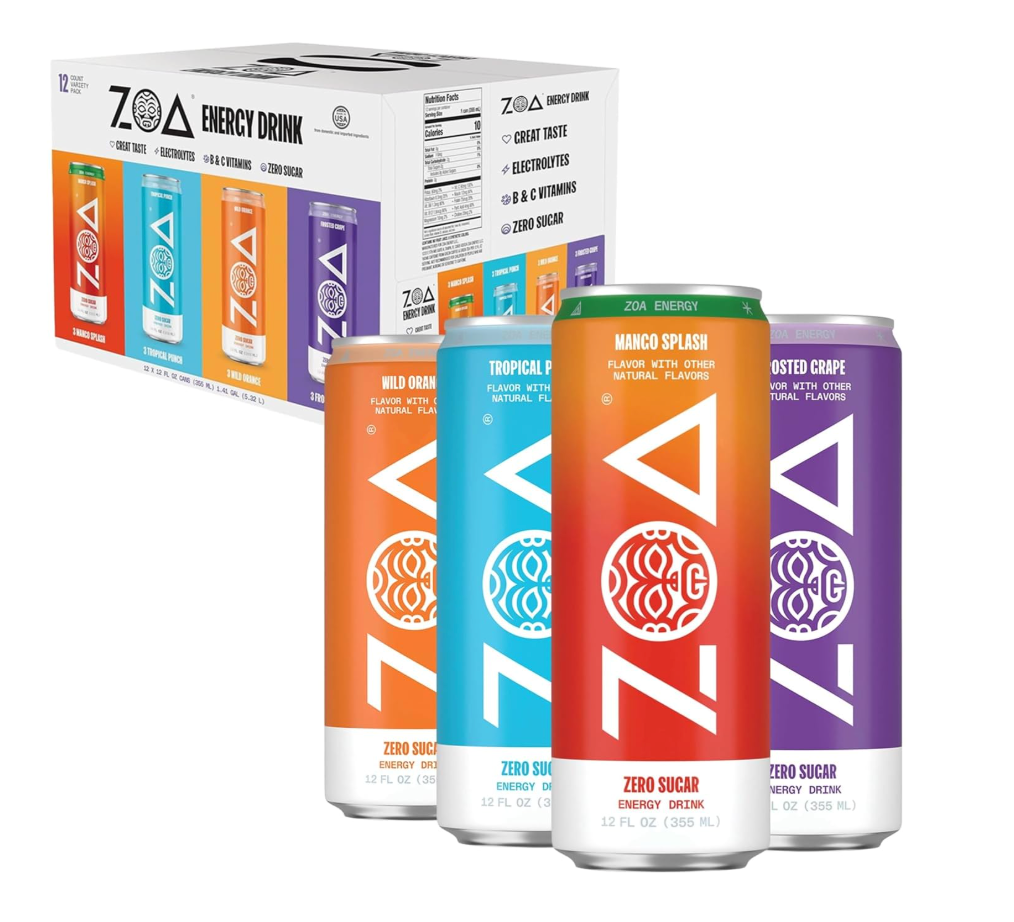 ZOA Zero Sugar Energy Drinks, Variety Pack - Sugar Free with Electrolytes, Healthy Vitamin C, Amino Acids, Essential B-Vitamins, and Caffeine from Green Tea (MS, TP, FG, WO)- 12 Fl Oz (12-Pack), EXP 09/07/26